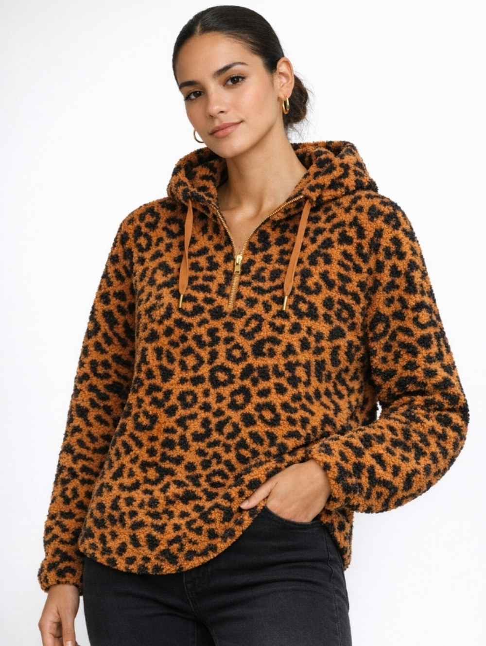 Loft Sherpa Quarter Zip Hoodie Sweatshirt Dark Rust Medium